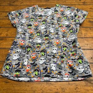 Cassandra O Halloween Owl Bat Ghost Print Scrub Top V Neck Short Sleeve Womens M